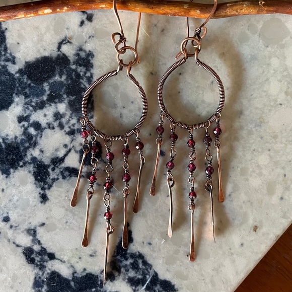 Hand Crafted Copper Red Garnet Crystal Beaded Dangle Chandelier Earrings - Picture 7 of 17